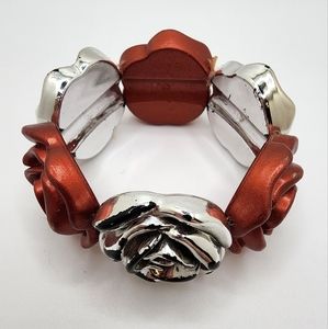 Crimson and Silver Floral Stretch Bracelet